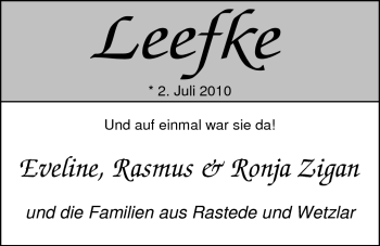 Babyanzeige von Leefke  von Nordwest-Zeitung