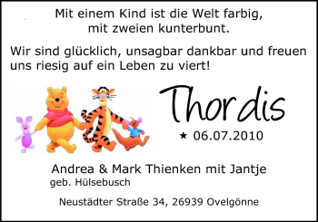 Babyanzeige von Thordis Thienken von Nordwest-Zeitung