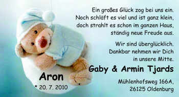 Babyanzeige von Aron Tjards von Nordwest-Zeitung