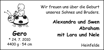 Babyanzeige von Gero Abraham von Nordwest-Zeitung