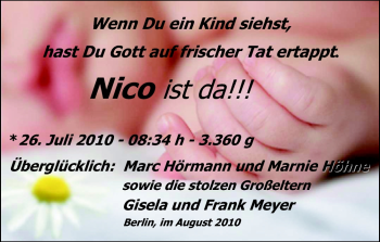 Babyanzeige von Nico  von Nordwest-Zeitung