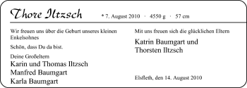 Babyanzeige von Thore Baumgarten von Nordwest-Zeitung