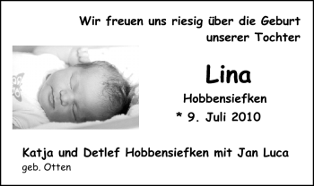 Babyanzeige von Lina Hobbensiefken von Nordwest-Zeitung