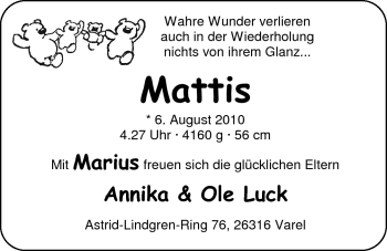 Babyanzeige von Mattis Luck von Nordwest-Zeitung