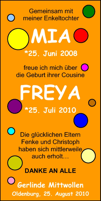 Babyanzeige von Freya  von Nordwest-Zeitung