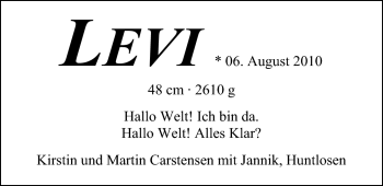 Babyanzeige von Levi Carstensen von Nordwest-Zeitung