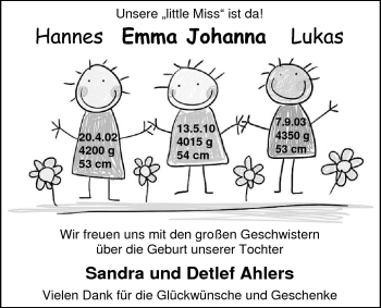 Babyanzeige von Emma Johanna Ahlers von Nordwest-Zeitung