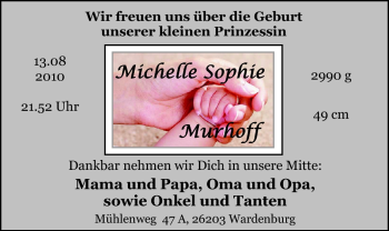 Babyanzeige von Michelle Sophie Murhoff von Nordwest-Zeitung