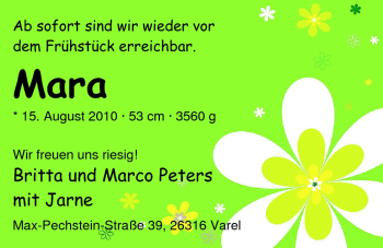 Babyanzeige von Mara Peters von Nordwest-Zeitung