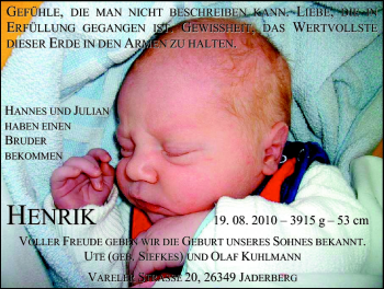 Babyanzeige von Henrik Kuhlmann von Nordwest-Zeitung
