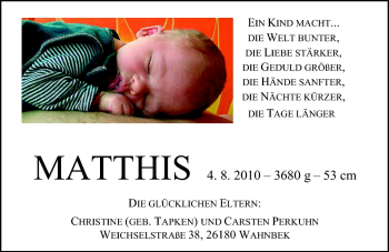 Babyanzeige von Matthis Perkuhn von Nordwest-Zeitung