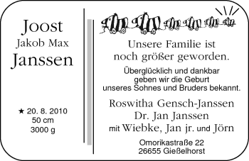 Babyanzeige von Joost Jakob Max Janssen von Nordwest-Zeitung