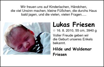 Babyanzeige von Lukas Friesen von Nordwest-Zeitung