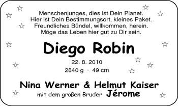 Babyanzeige von Diego Robin  von Nordwest-Zeitung