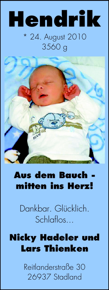 Babyanzeige von Hendrik Thienken von Nordwest-Zeitung