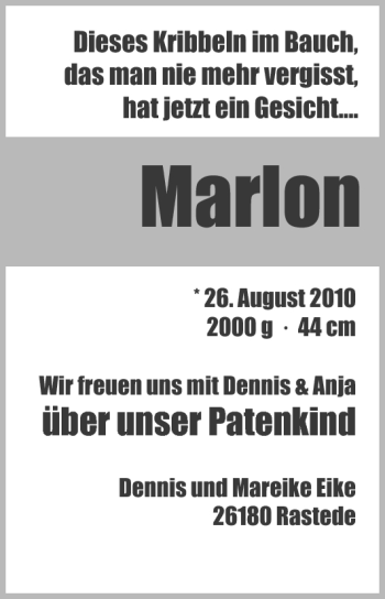 Babyanzeige von Marlon  von Nordwest-Zeitung