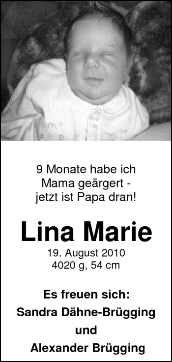 Babyanzeige von Lina Marie Brügging von Nordwest-Zeitung
