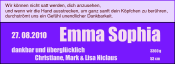 Babyanzeige von Emma Sophia Niclaus von Nordwest-Zeitung
