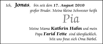 Babyanzeige von Pia  von Nordwest-Zeitung
