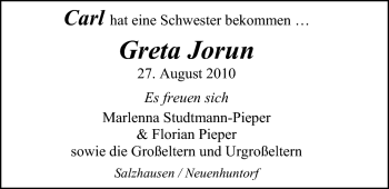 Babyanzeige von Greta Jorun  von Nordwest-Zeitung
