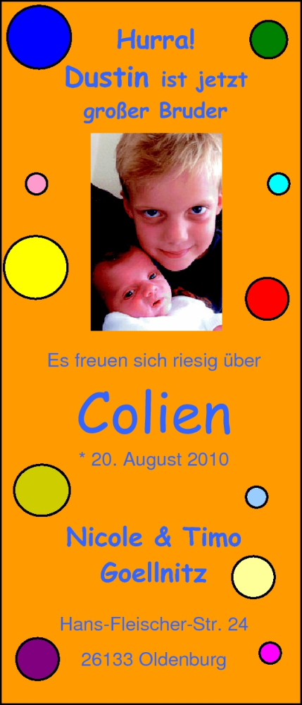 Anzeige für Colien Goellnitz vom 06.09.2010 aus Nordwest-Zeitung