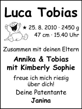 Babyanzeige von Luca Tobias  von Nordwest-Zeitung