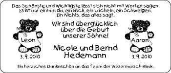 Babyanzeige von Leo und Aaron Hedemann von Nordwest-Zeitung