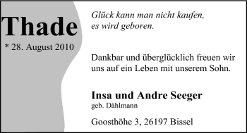 Babyanzeige von Thade Seeger von Nordwest-Zeitung