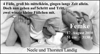 Babyanzeige von Femke Landing von Nordwest-Zeitung