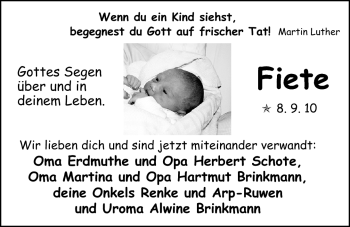 Babyanzeige von Fiete Schote von Nordwest-Zeitung