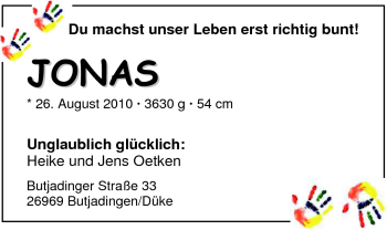 Babyanzeige von Jonas Oetken von Nordwest-Zeitung