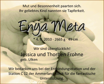 Babyanzeige von Enya Meta Frohne von Nordwest-Zeitung