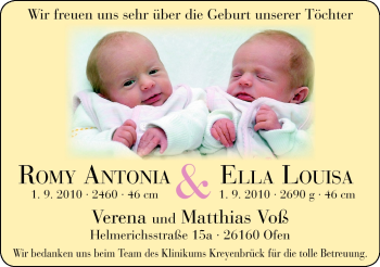 Babyanzeige von Romy Antonia Ella Louisa  von Nordwest-Zeitung