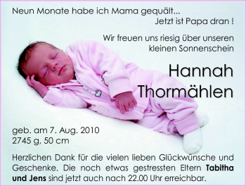 Babyanzeige von Hannah Thormählen von Nordwest-Zeitung