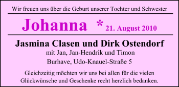 Babyanzeige von Johanna  von Nordwest-Zeitung