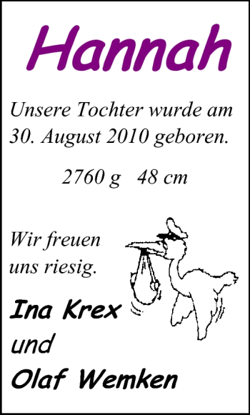 Babyanzeige von Hannah  von Nordwest-Zeitung