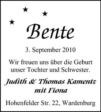 Babyanzeige von Bente Kementz von Nordwest-Zeitung