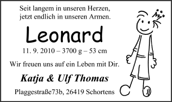 Babyanzeige von Leonard Thomas von Nordwest-Zeitung