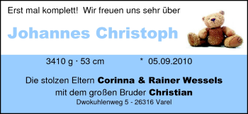Babyanzeige von Johannes Christoph  von Nordwest-Zeitung