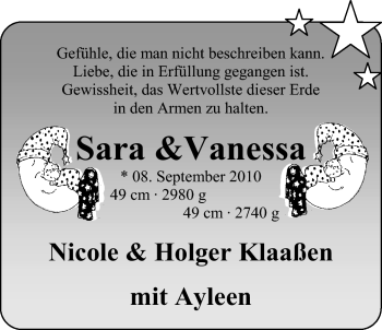 Babyanzeige von Sara und Vanessa Klaaßen von Nordwest-Zeitung