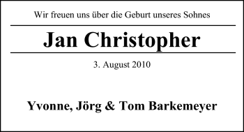 Babyanzeige von Jan Christopher  von Nordwest-Zeitung