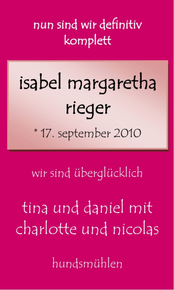 Babyanzeige von Isabel Margaretha Rieger von Nordwest-Zeitung