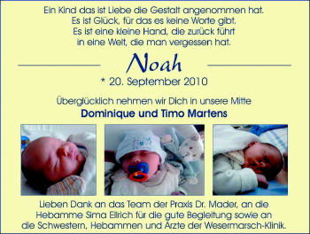 Babyanzeige von Noah Martens von Nordwest-Zeitung