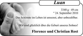 Babyanzeige von Luan Rost von Nordwest-Zeitung
