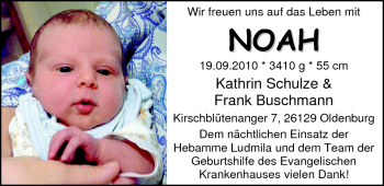 Babyanzeige von Noah  von Nordwest-Zeitung