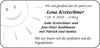 Babyanzeige von Lena Kretschmer von Nordwest-Zeitung