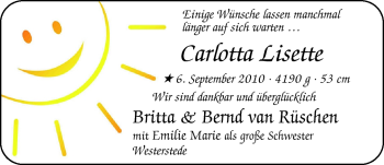 Babyanzeige von Carlotta Lisette  von Nordwest-Zeitung