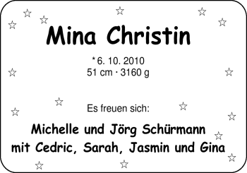 Babyanzeige von Mina Christin Schürmann von Nordwest-Zeitung