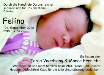 Babyanzeige von Felina Vogelsang von Nordwest-Zeitung