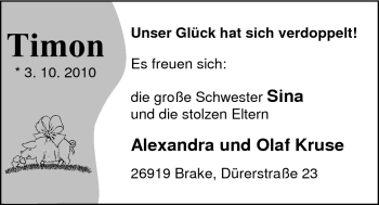 Babyanzeige von Timon Kruse von Nordwest-Zeitung